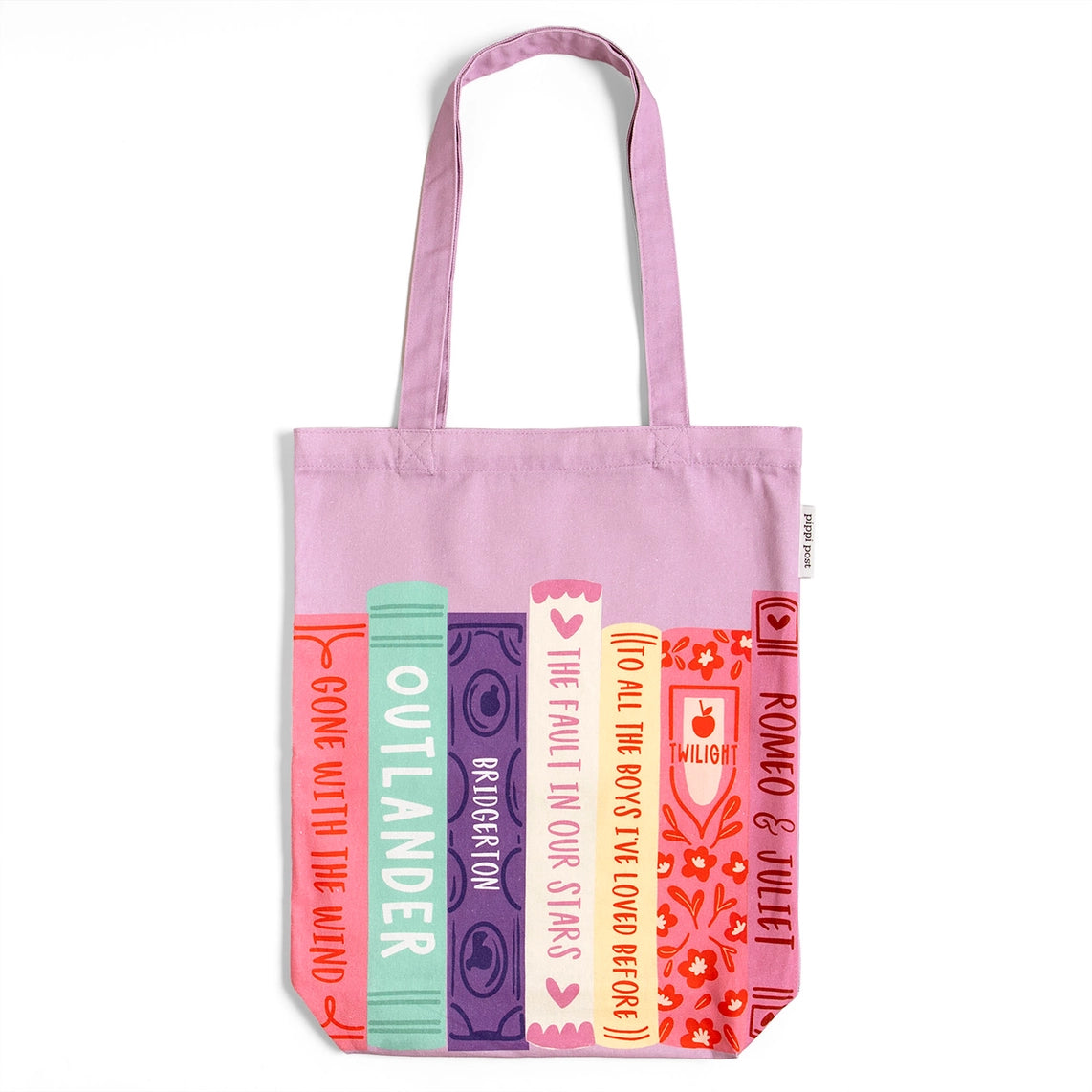 A light purple canvas tote bag with illustrations of five book spines along the bottom. The book titles are "GONE WITH THE WIND," "OUTLANDER," "Bridgerton," "THE FAULT IN OUR STARS," "((TO ALL THE BOYS I'VE LOVED BEFORE))," "TWILIGHT," and "ROMEO & JULIET."