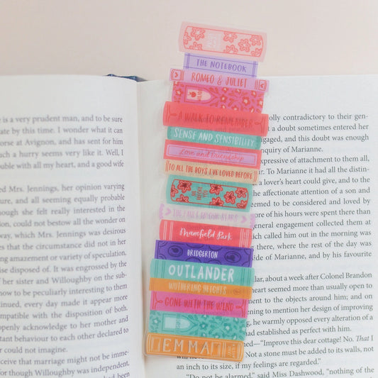 Colorful bookstack book mark with romance novels 